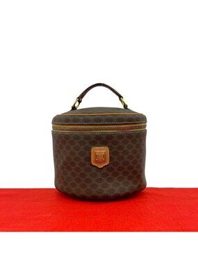 Celine Vintage Macadam Blason Triomphe Pattern Leather Handbag Vanity Bag Brown